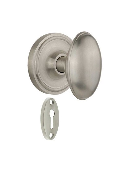 Classic Rosette Mortise-Lock Set with Homestead Knobs in Satin Nickel.